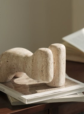 栗石侘寂风洞石几何抽象艺术摆件样板房民宿O客厅书房桌面软装饰