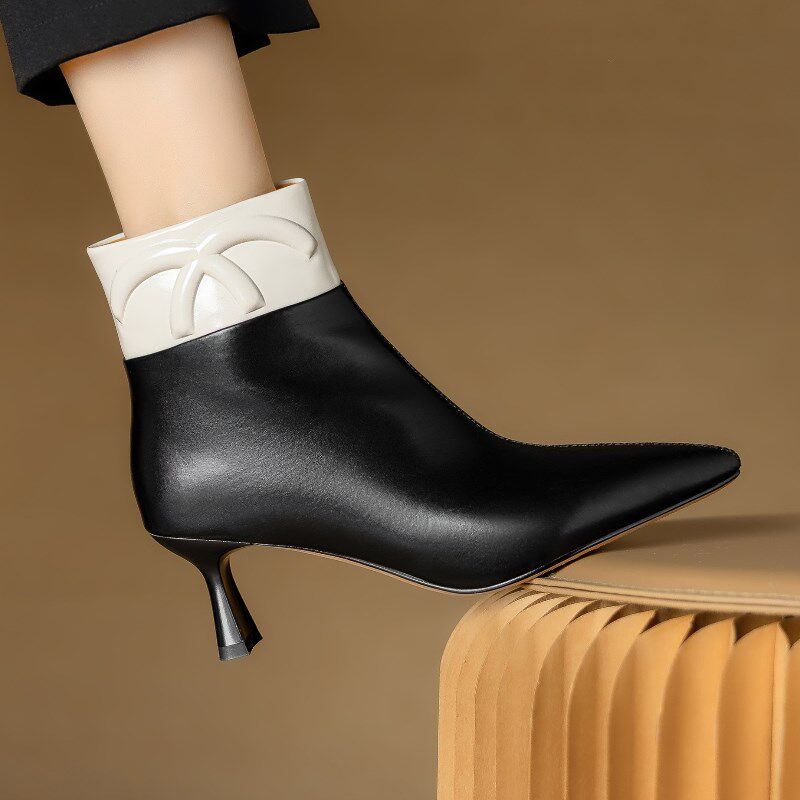 尖头高跟鞋女f真皮短靴2024秋冬新款细跟女士小跟马丁靴春秋单靴