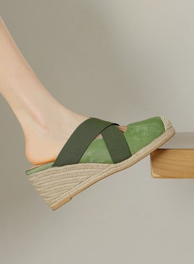 复古外穿厚底包头半拖鞋女真皮懒人绿色凉拖草编坡跟松糕镂空单鞋
