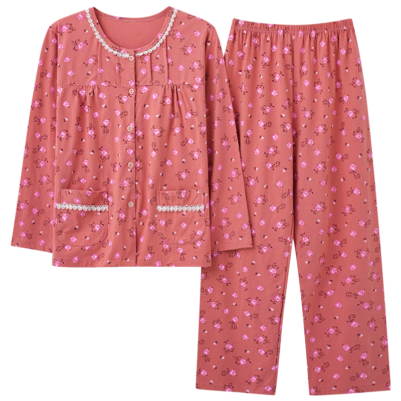 女中老年妈妈圆领开衫纯棉薄款春秋季睡衣中年长袖全棉夏季家居服