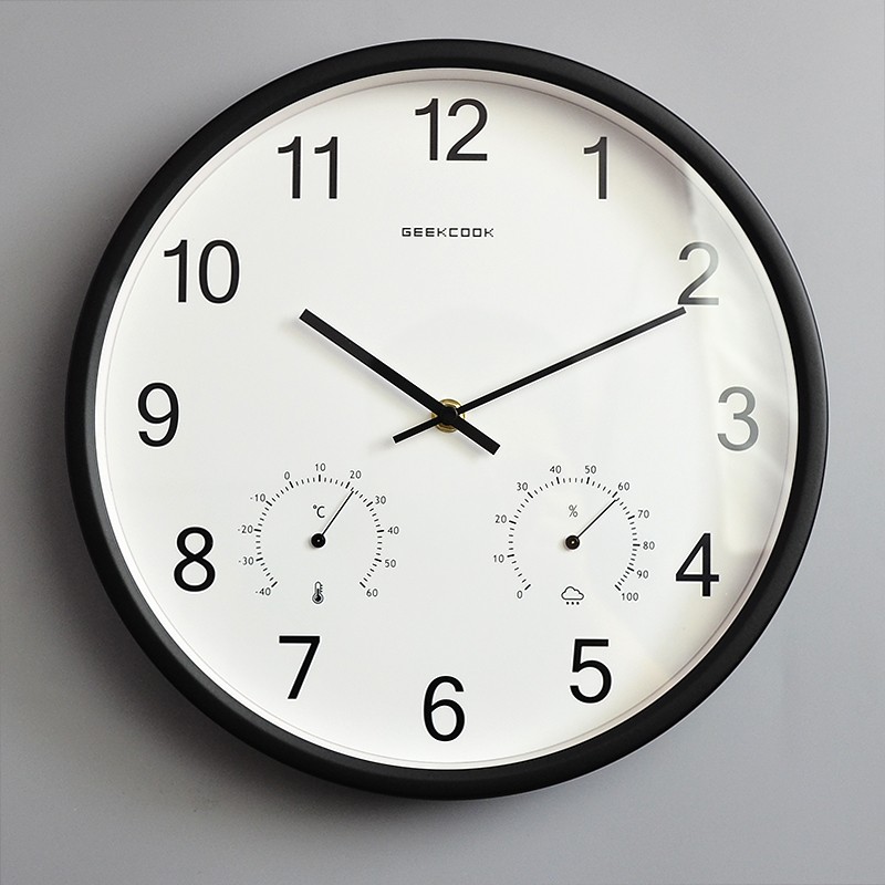 客厅挂钟简约挂墙现代时钟创意北欧超静音石英钟温度湿度圆形钟表