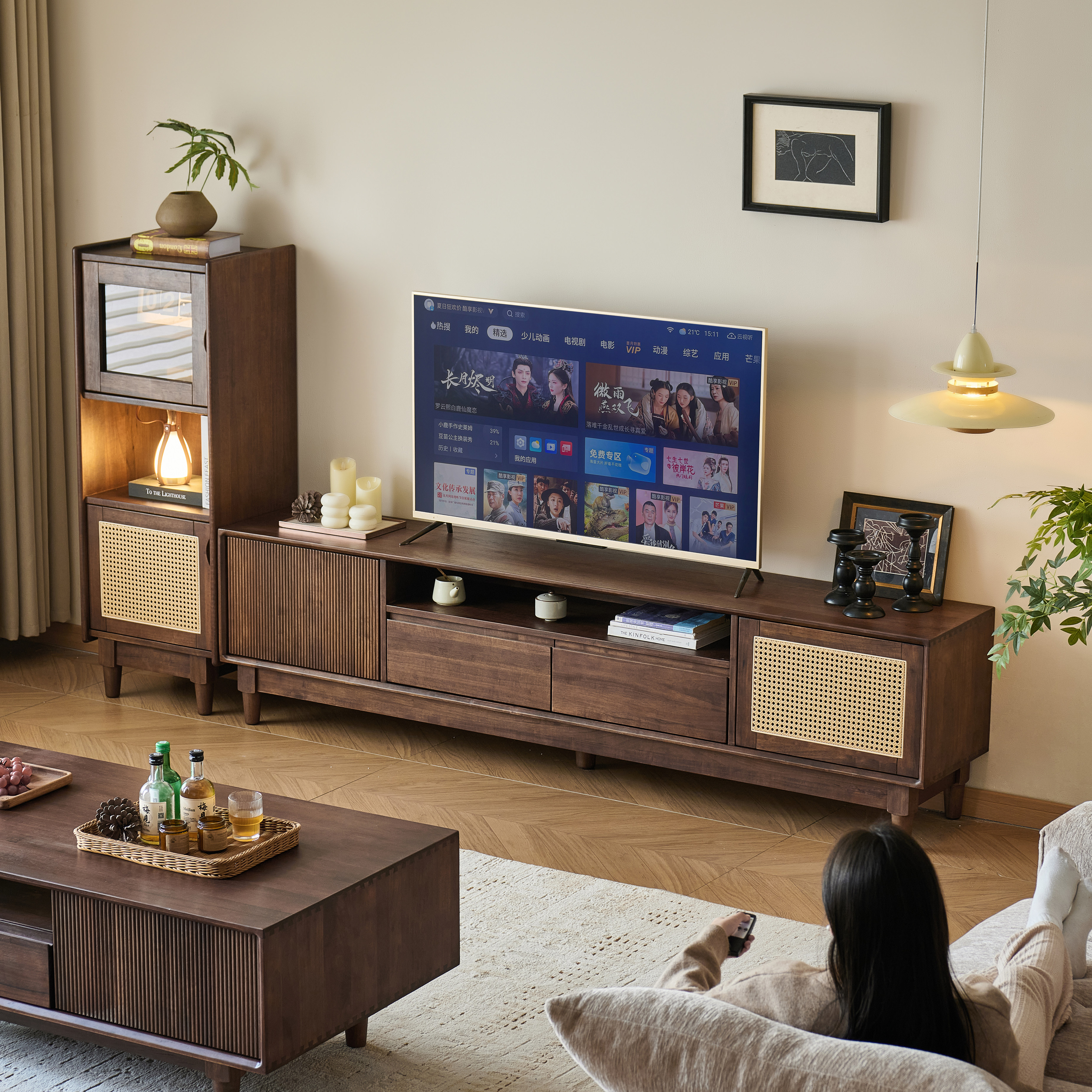 电视柜胡桃木实木中古风电视柜组合落地小户型客厅储物柜家用复古,住宅家具,电视柜,淘宝优惠券,粉丝福利购,淘宝优惠卷