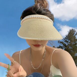 草编珍珠遮阳帽空顶草帽女夏季 户外防紫外线遮脸发箍防晒太阳帽子