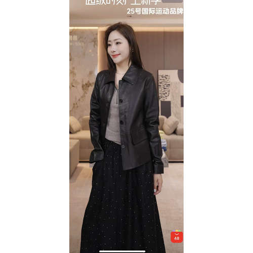【YUAN】（衣长56/胸围102）真皮翻领高级感短款休闲皮夹克外套