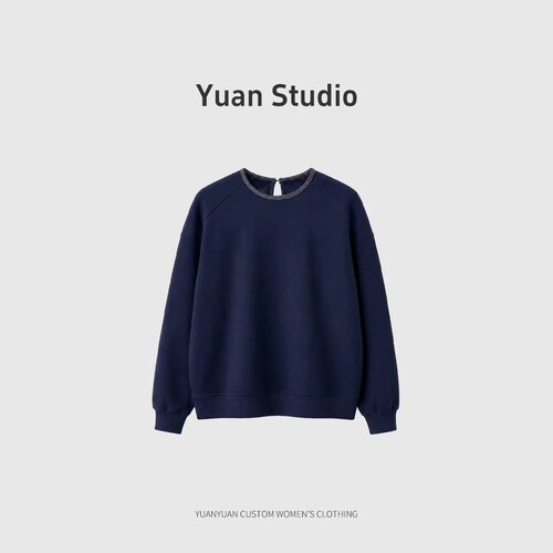 【YUAN】复古藏青钉珠装饰圆领罗纹下摆休闲卫衣