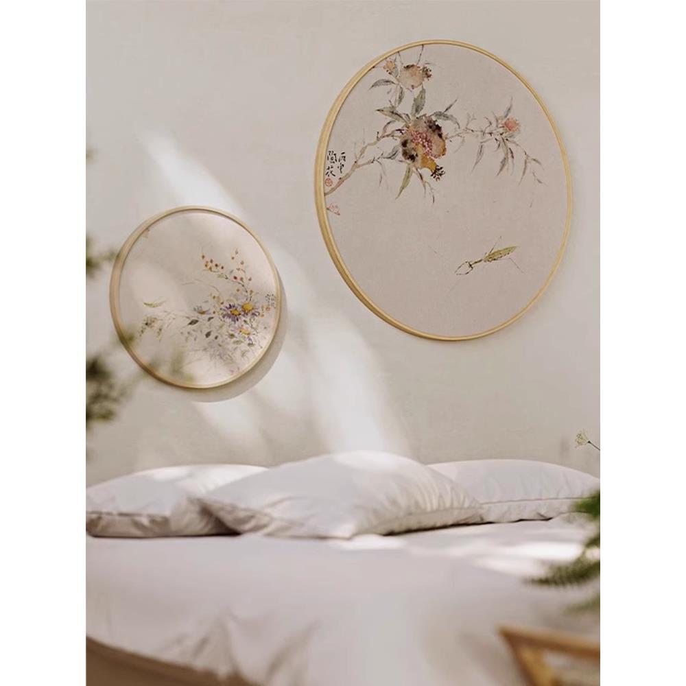 花好月圆新中式卧室圆形装饰画原木风圆圆满满入户正对门玄关挂画