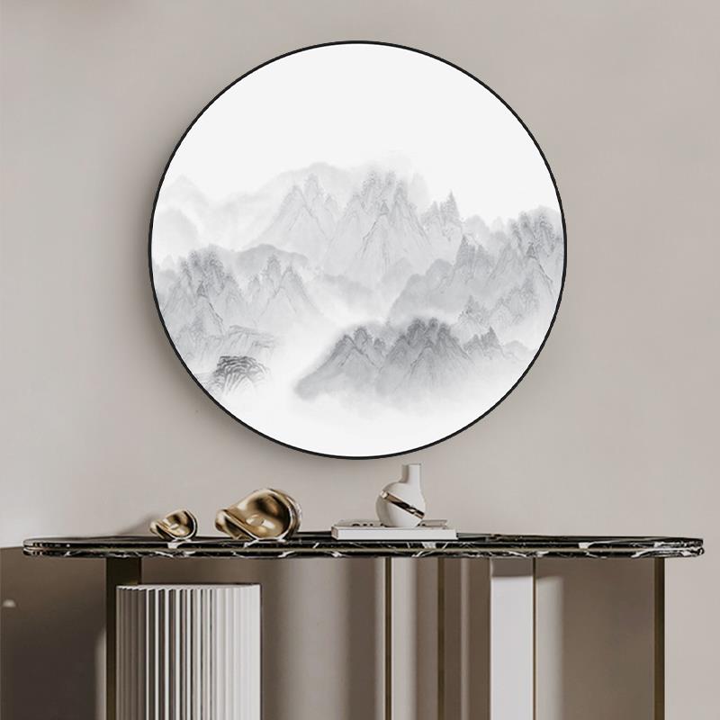 新中式圆形玄关装饰画水墨山水客厅沙发背景墙挂画高级感晶瓷画