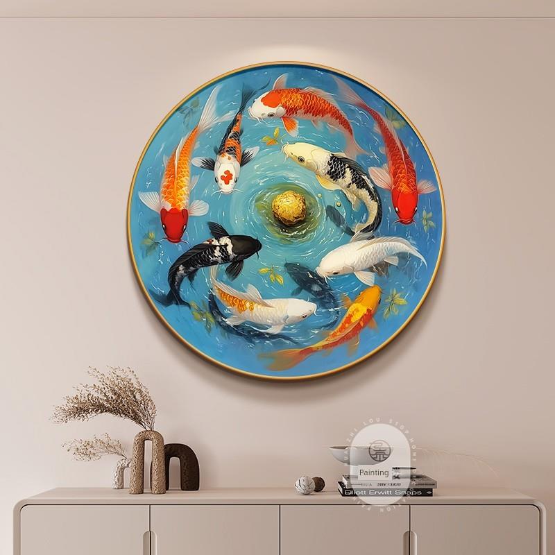 九鱼聚财圆形入口装饰画锦鲤吸财现代简意好客厅走廊过道挂画