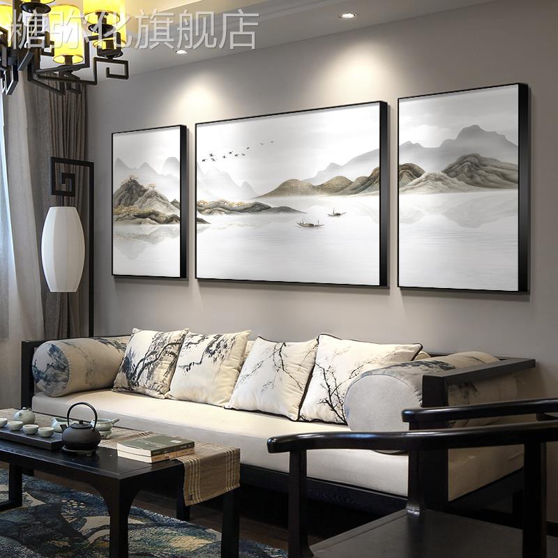 新中式客厅装饰画水墨禅意山水风景画沙发背景墙挂画家庭三联壁画图片