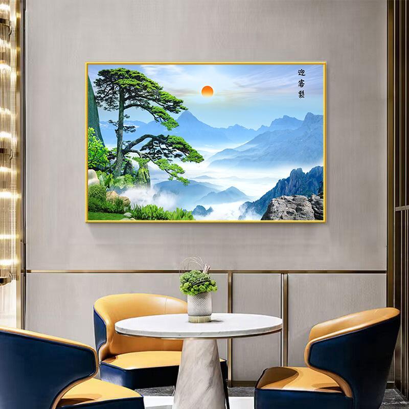 迎客松客厅风水名画中式国画山水装饰壁画办公室自然风景靠山挂画