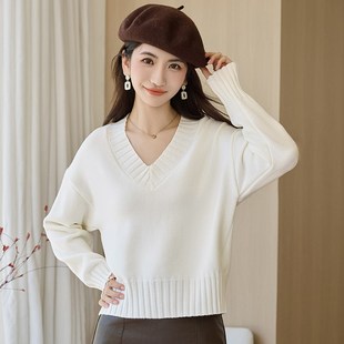 上 v领宽松毛衣女g秋冬2024新款 慵懒高级感 加厚针织衫 小个子短款