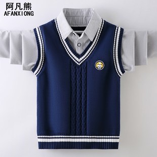 男童2025新款毛衣p儿童男孩纯棉不起球春秋款上衣衬衫马甲假两件