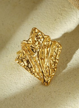 法式复古不规则锡纸褶皱不锈钢戒指女时尚小众个性设计不锈钢手饰