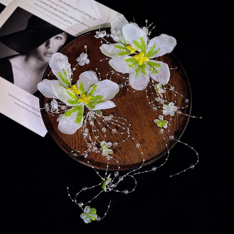 新娘头花甜美清新花瓣绿色米珠发夹超仙甜美发饰婚纱写真花朵发饰