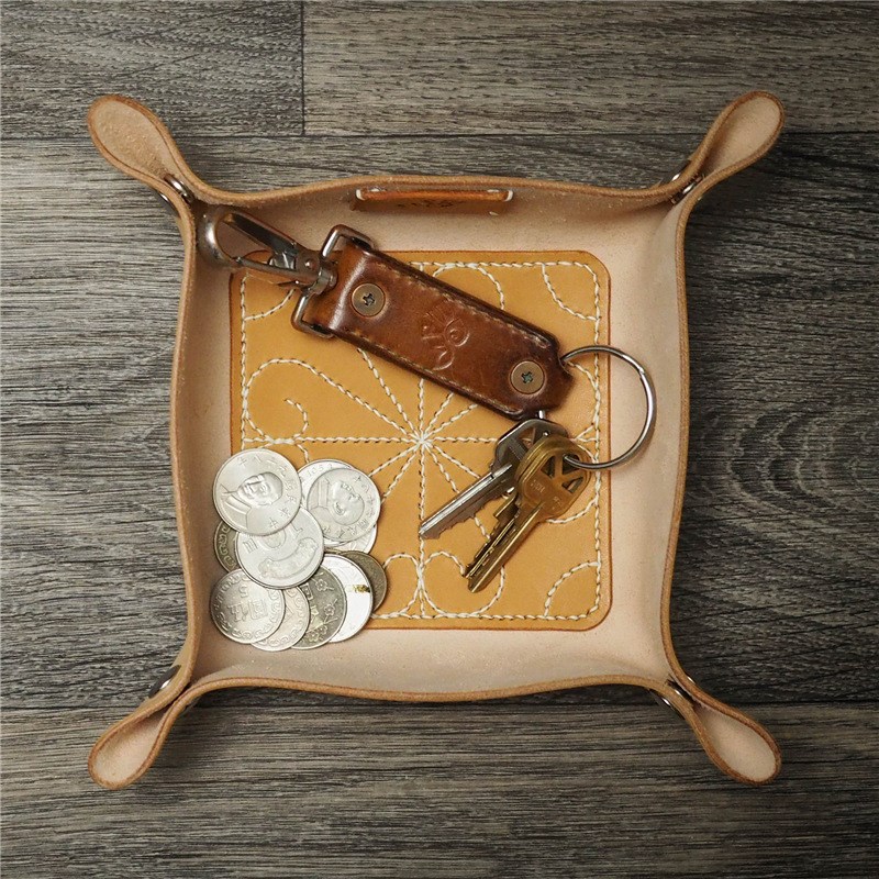 手工制作真皮家居玄关收纳盘可客制图案办公桌面杂物收纳筐置物篮