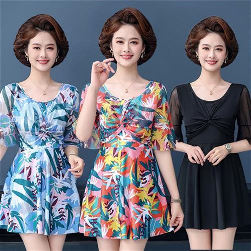 游泳衣女士分体裙式平角保守遮肉妈妈F款中老年人泡温泉加大码泳