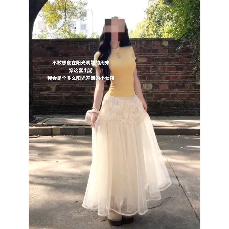 高级感网纱裙子仙女超仙森系半身裙女202J5新款夏季高腰百褶a字裙