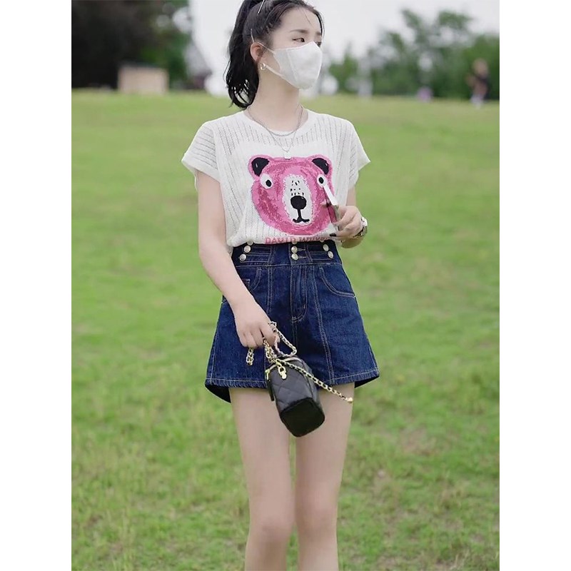 2023夏季镂空短袖冰丝针织衫薄款针织JT恤高腰牛仔短裤两件套装女