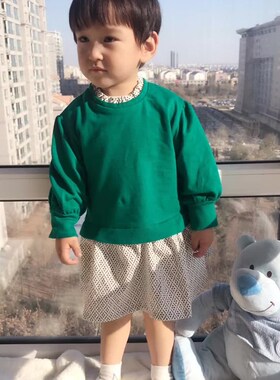 纯原小雨伞女f童装春装新款中小童宝宝绿色假2件儿童长袖T恤连衣