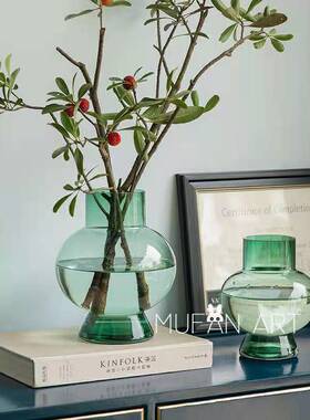 北欧创意简约绿色葫芦圆肚玻璃花瓶几何立体居家餐桌装饰摆件花瓶