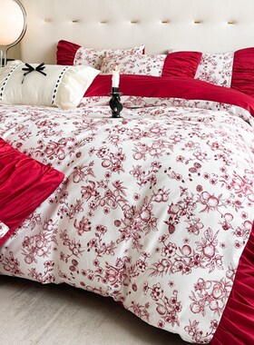 简约印花100支长绒棉结婚四件套大红色纯棉全棉被套婚庆床上用品4