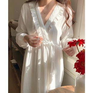 甜美蕾丝V领纯O棉纱布浴袍睡裙家居服 睡袍女春秋季 长袖 中长款 韩版