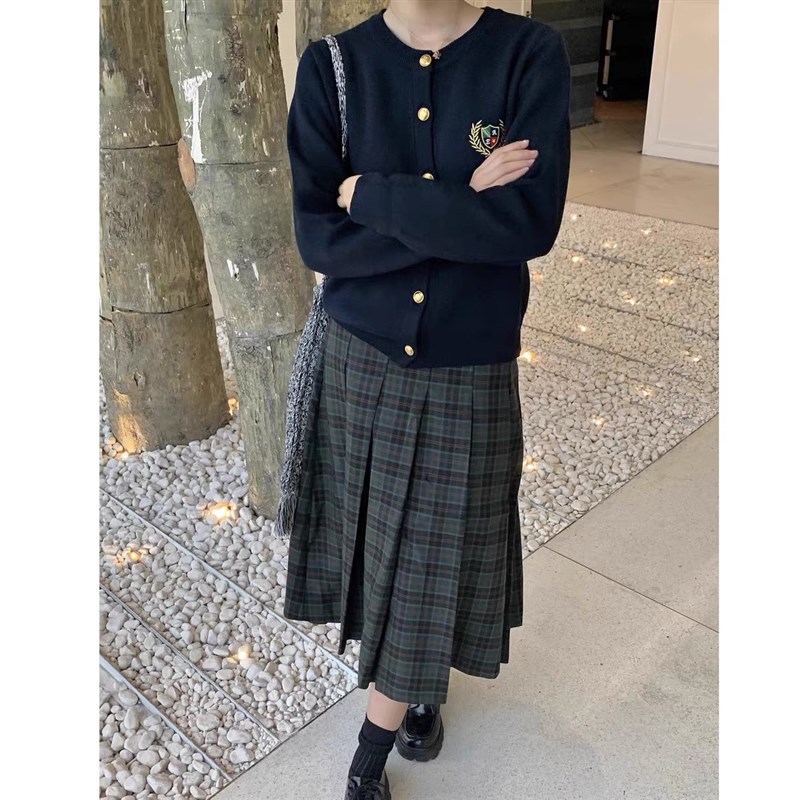 新品luvv 复古格子p百褶半身裙女秋季新款学院风高腰显瘦A字裙裙