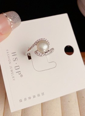 小众设计感锆石珍珠戒指开口食指时尚个性气质高级感几何指环