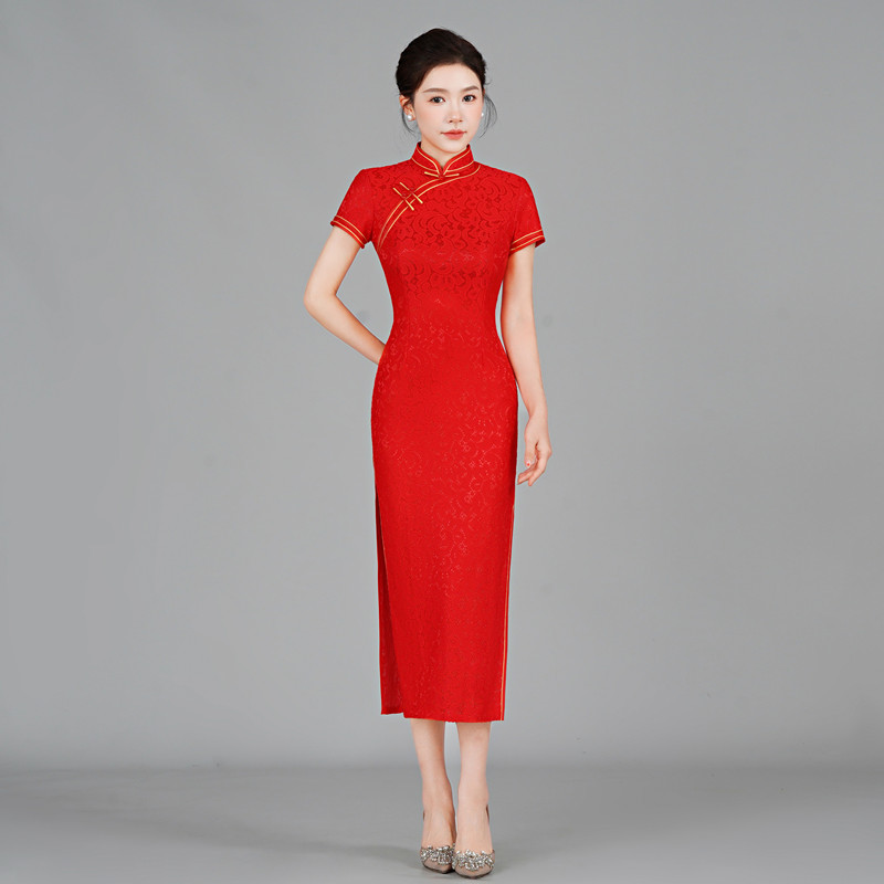 新款回娘家活动旗袍大红色短袖长版庙会聚I会演出礼物仪显瘦中国