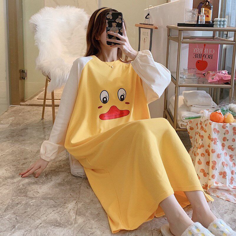 新品睡裙女春秋季针织棉卡通可爱加肥加大码宽松长袖连衣裙家居服