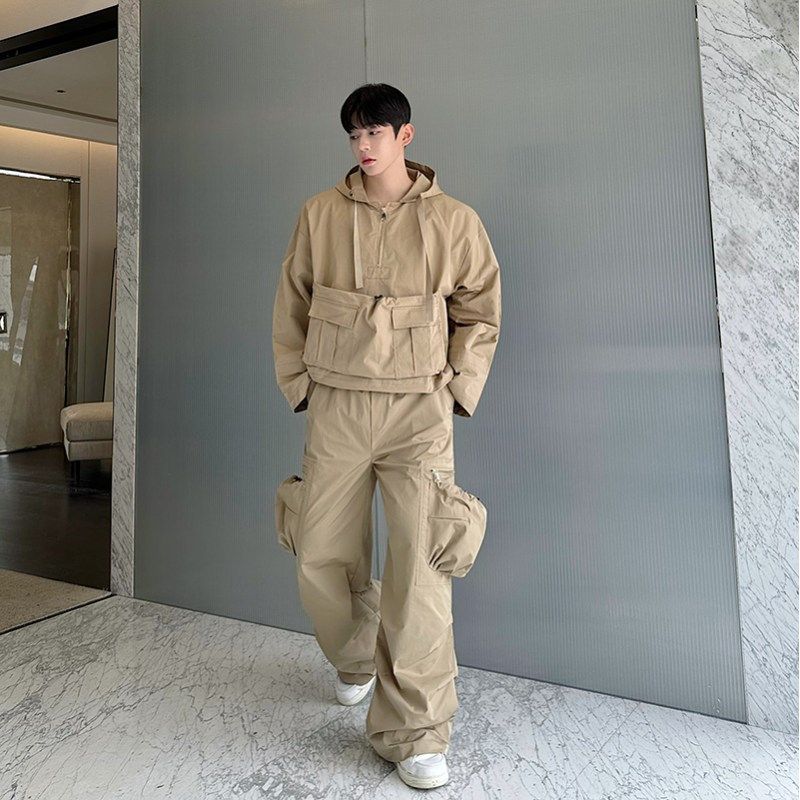 秋季美式重工装立体多口袋结构设计感套头卫衣男外套直筒裤两件套