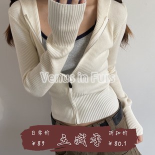 毛衣外套 美式 复古时髦g简约纯色修身 型连帽休闲拉链长袖 针织开衫