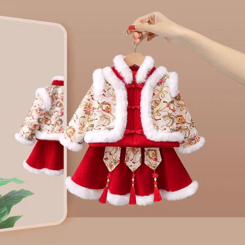 女童汉服冬季儿童唐装新款中国风喜庆套装宝宝过年V新年衣服拜年