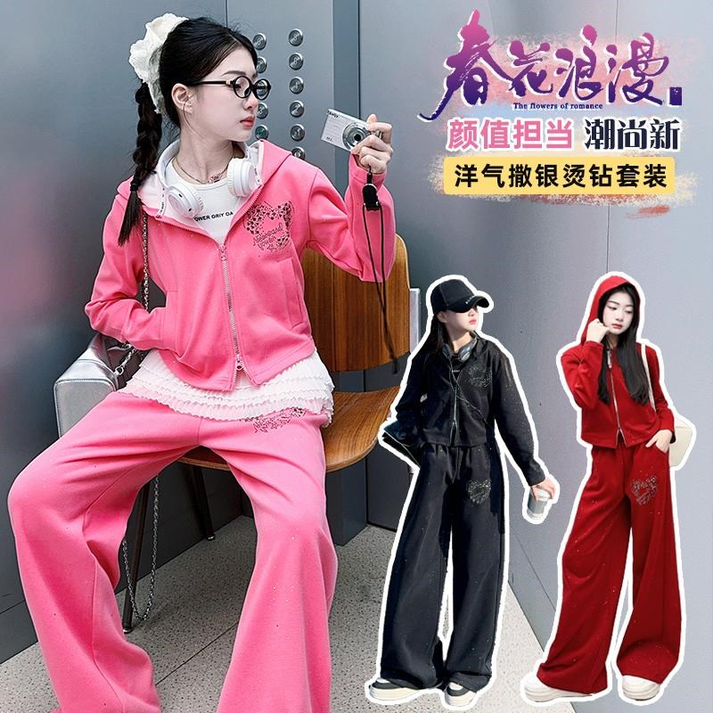 女童套装洋气20j25春季新款女孩阔腿裤儿童撒银烫钻运动时髦两件