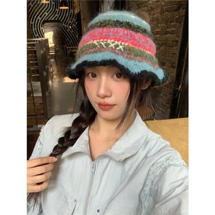 敲美 一眼爱 手钩马海r毛线渔夫帽子女针织保暖显脸小木耳边盆帽