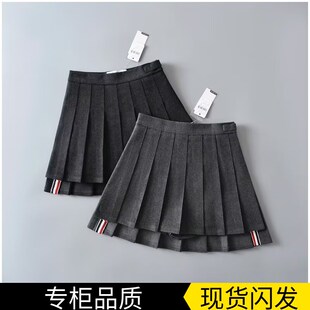 TB百褶裙春季新款高腰学院风前短后长A字裙厚毛呢半身裙短裙裤女