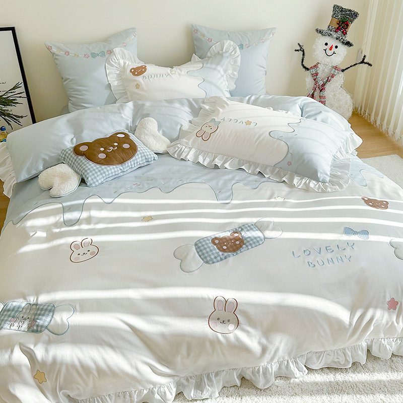 少女心100支澳棉纯棉四件v套可爱卡通风刺绣全棉被套儿童床上用品