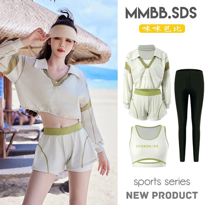 游泳衣女士2024新款温泉大码分B体平角裤微胖遮肉保守三件套泳装