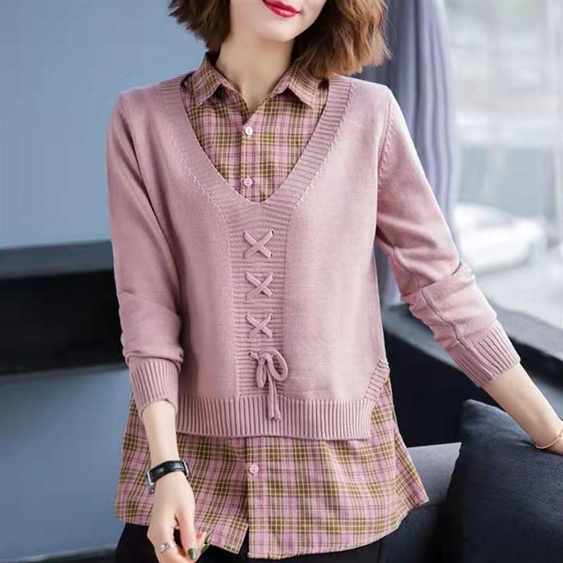 2025经典套头针织衫女V领 系带假两件秋冬宽松长袖毛衣女打底衫潮