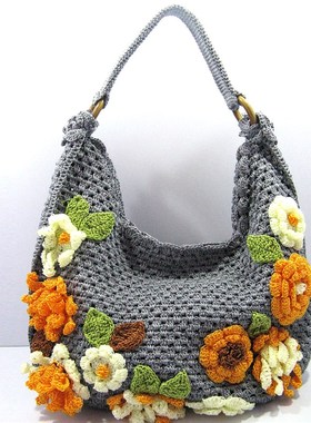 灰色时尚单肩花朵包 手工钩针毛线针编织传统工艺钩包民族风花卉
