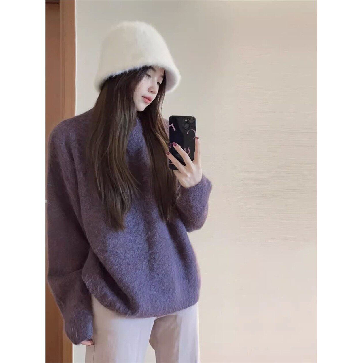 高级感浣熊绒紫色毛衣女