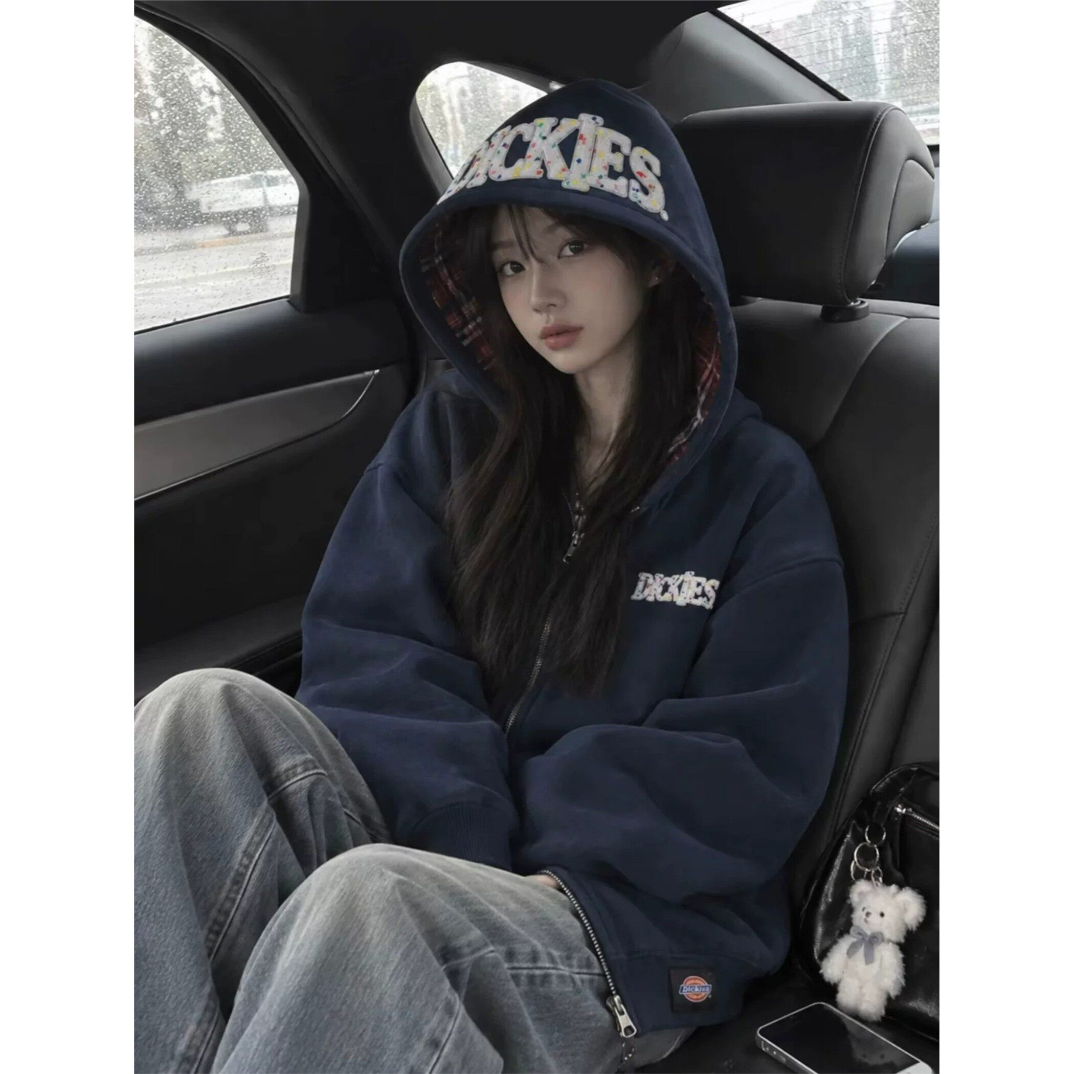 美式高街藏青色开衫卫衣
