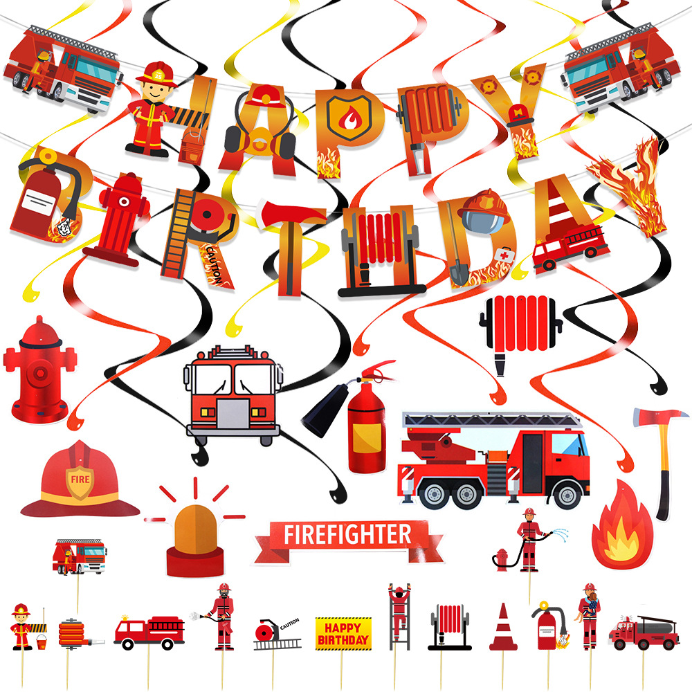 卡通消防车主题儿童生日拉旗螺旋蛋糕插牌男孩派对场景装饰布置品