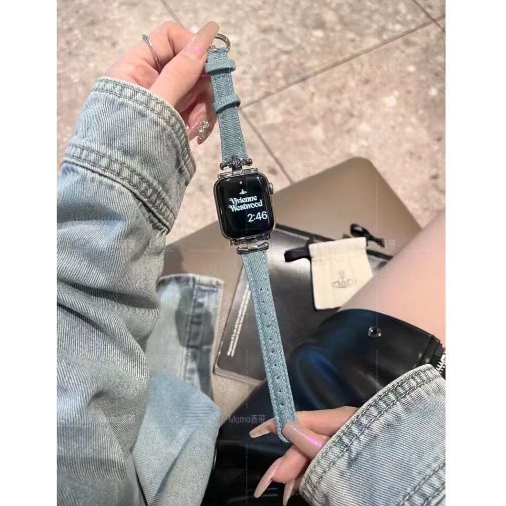 适用于Applewatch土星金属牛仔i表带S10/9/8苹果手表皮质小众表带
