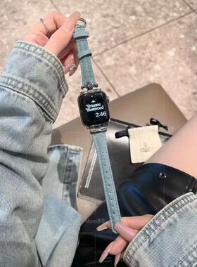 适用于Applewatch土星金属牛仔i表带S10/9/8苹果手表皮质小众表带