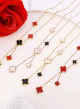 四叶幸运草彩金项链五花毛衣链女大小双面钛钢不掉色轻奢流苏气质