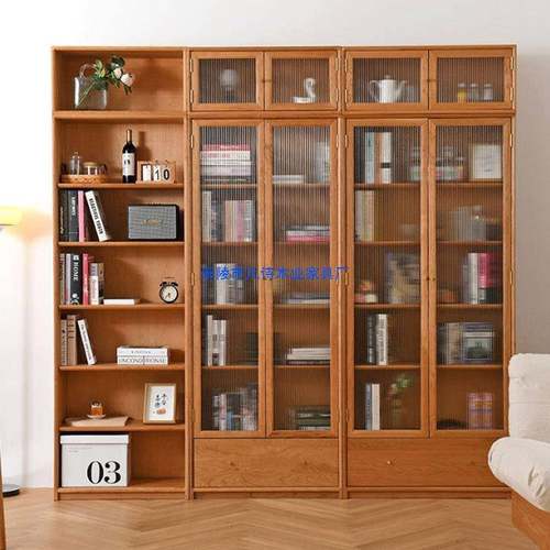 北欧全实木书柜家用北美樱桃木落地书架新中式带玻璃门展示柜子