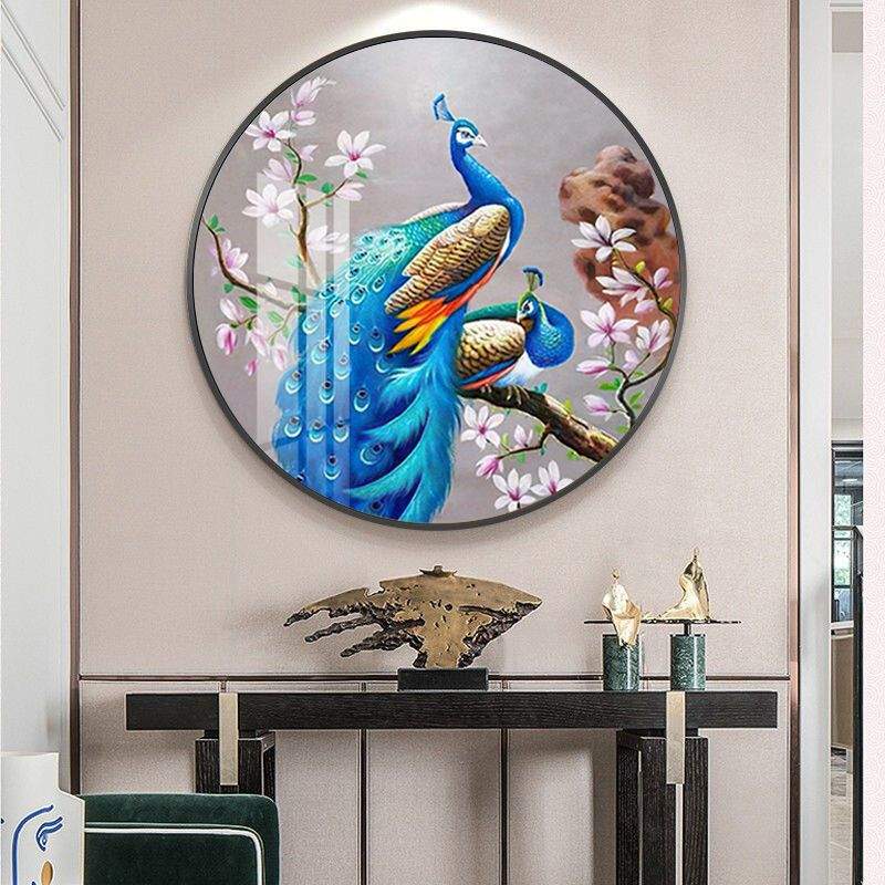 家和孔雀玄关装饰画新中式圆形晶瓷餐厅挂画茶室沙发走廊背景壁画图片
