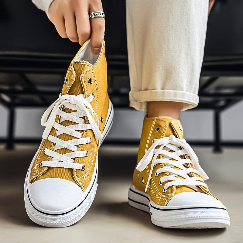 帆布高帮男鞋秋季2025新款青少年学生小众黄色布鞋百搭运动平板鞋