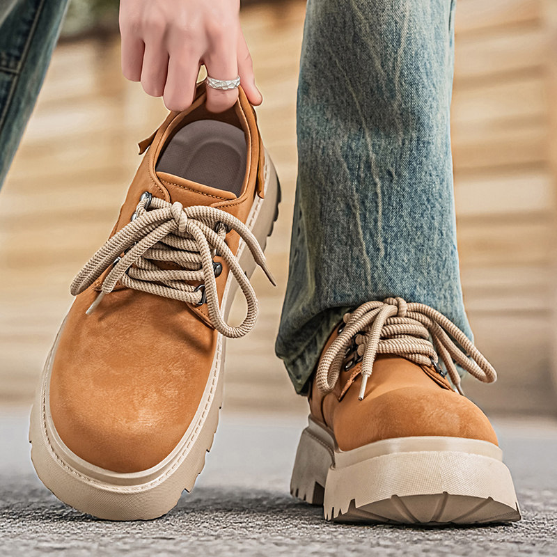 男鞋春季美式复古休闲工装大黄马丁靴男士低帮厚底增高大头德比鞋